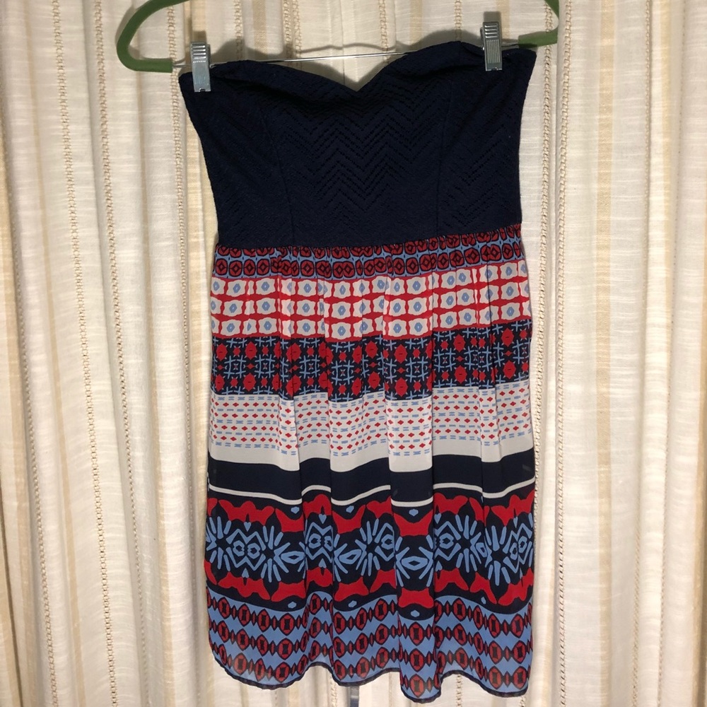 Strapless City Triangles Navy Blue Pattered Dress